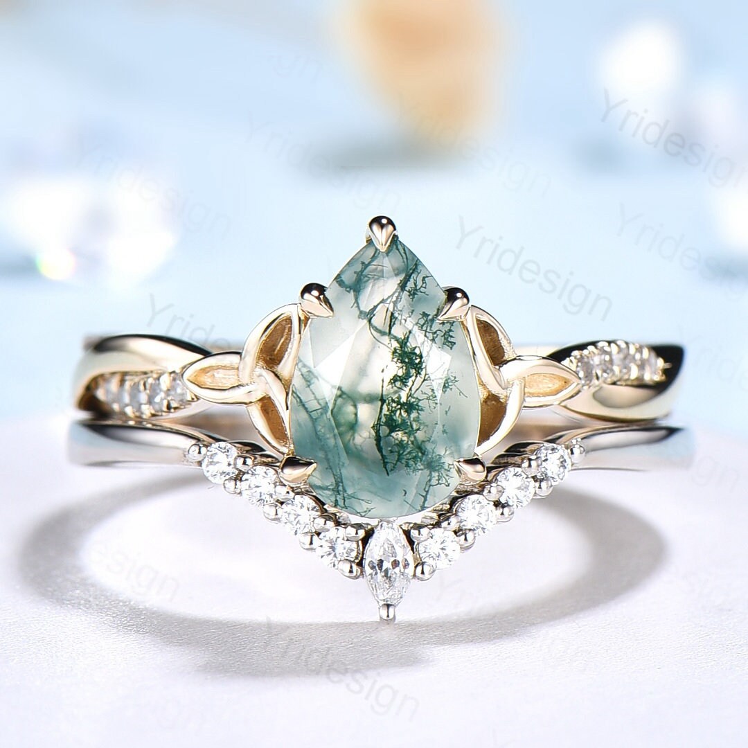 Norse Viking 6x9mm pear shaped moss agate engagement ring set 3/4 eternity twisted infinity moissanite & diamond band wedding set for women - PENFINE