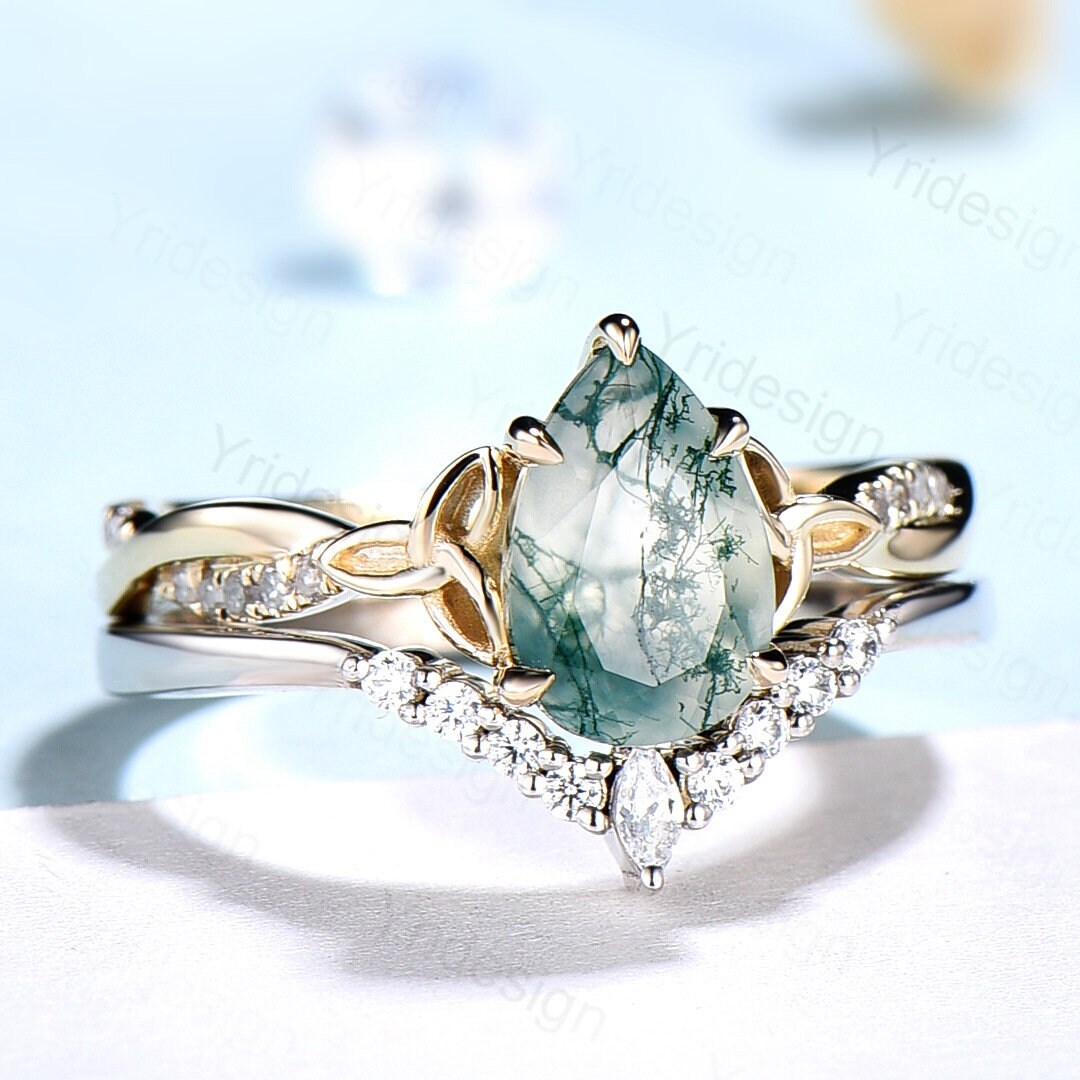 Norse Viking 6x9mm pear shaped moss agate engagement ring set 3/4 eter ...