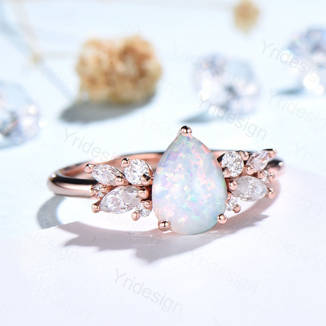 Pear Shaped White Opal Engagement Ring,Sterling Rose Gold Promise Rings  Women,Fire Opal Ring with Diamond Simulants, October Birthstone Ring