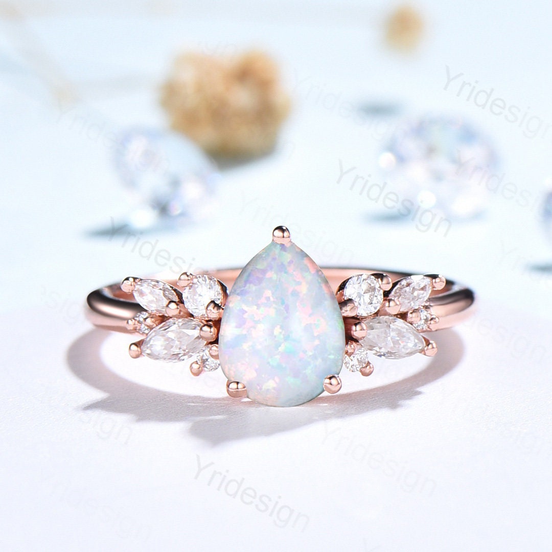 Pear Shaped White Opal Engagement Ring,Sterling Rose Gold Promise Rings Women,Fire Opal Ring with Diamond Simulants, October Birthstone Ring - PENFINE