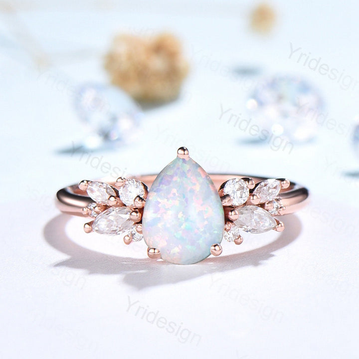Pear Shaped White Opal Engagement Ring,Sterling Rose Gold Promise Rings Women,Fire Opal Ring with Diamond Simulants, October Birthstone Ring - PENFINE