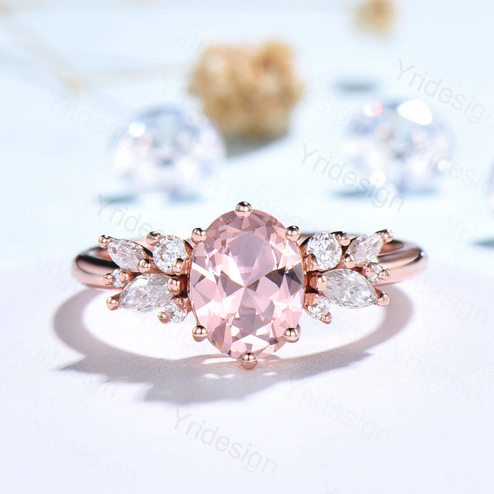 Pink Morganite Ring 1.5CT Oval Morganite Engagement Ring Cluster Ring Statement Ring Sterling Silver Ring  Rose Gold Bridal Promise Ring - PENFINE