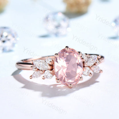 Pink Morganite Ring 1.5CT Oval Morganite Engagement Ring Cluster Ring Statement Ring Sterling Silver Ring  Rose Gold Bridal Promise Ring - PENFINE