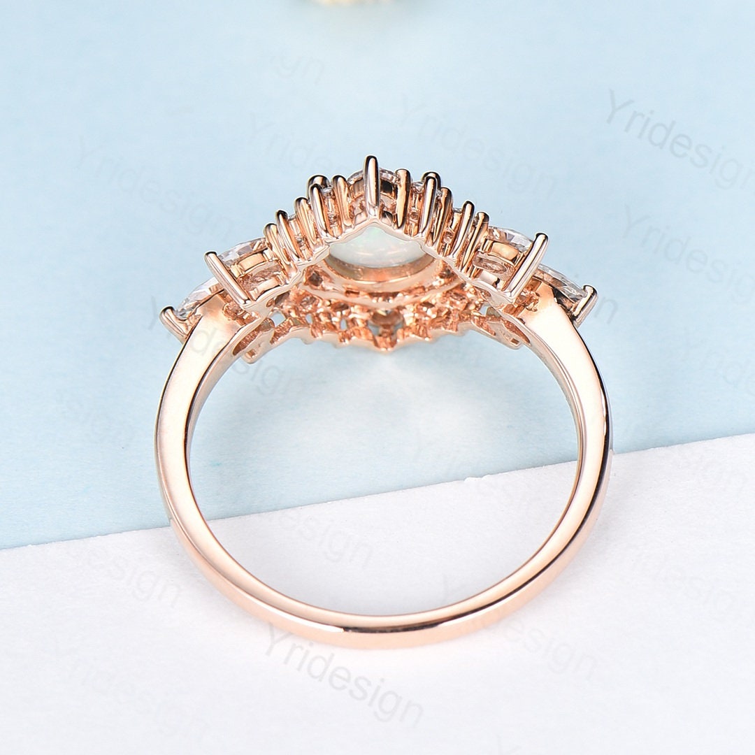 Vintage Fire White Opal Engagement Ring,Unique Fancy Flower Halo October Birthstone Promise Ring Women,14K Rose Gold Cluster Opal Ring - PENFINE