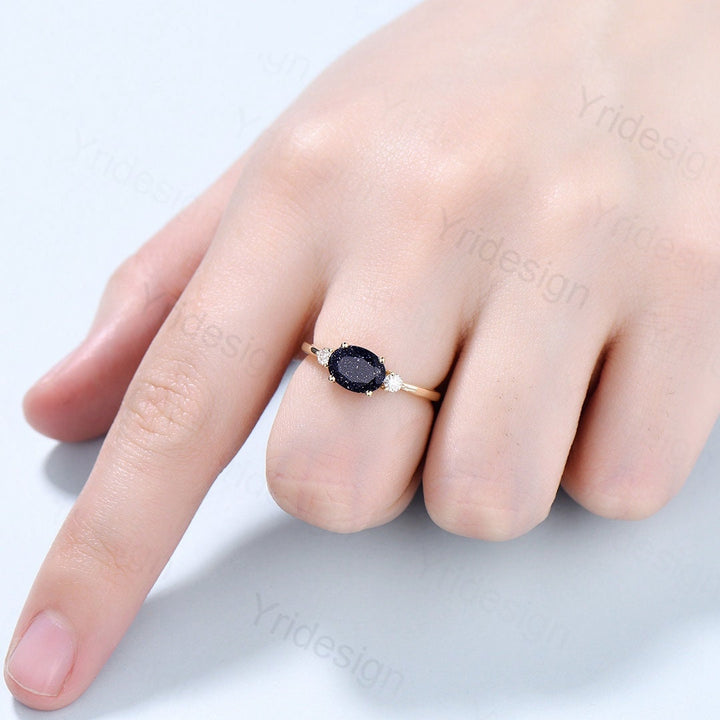 East To West Blue Sandstone Ring Cute Oval Galaxy Engagement Ring Three Stone Galaxy Star Blue Ring Rose Gold For Women Bridal Promise Ring - PENFINE