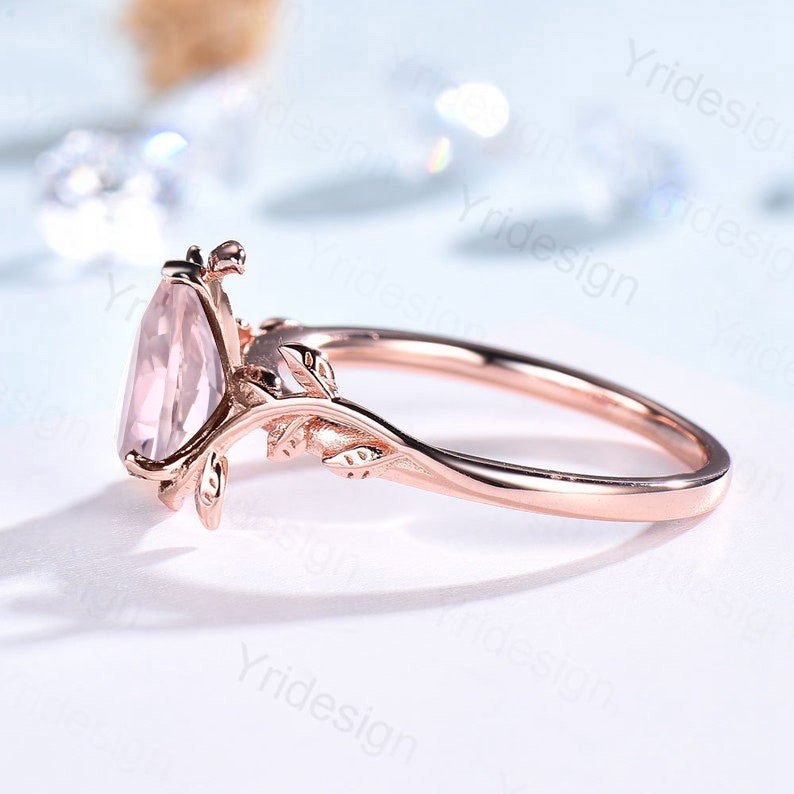 925 Silver Rose Gold Plated fashion Created Pear Cut Morganite White Topaz Ring Size 7