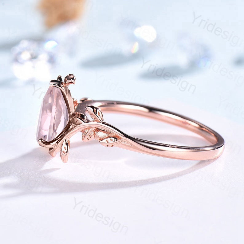 Vintage Pear Morganite Ring Rose Gold Unique Vintage Pink Morganite Leaf Engagement Ring Leaf Vine Natural Inspired Wedding Ring for Women - PENFINE