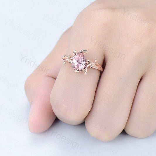 Vintage Pear Morganite Ring Rose Gold Unique Vintage Pink Morganite Leaf Engagement Ring Leaf Vine Natural Inspired Wedding Ring for Women - PENFINE