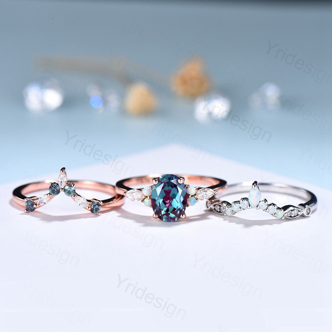 Vintage alexandrite engagement ring set | Unique rose gold wedding set | Art deco opal alexandrite stacking ring | bridal promise ring set - PENFINE