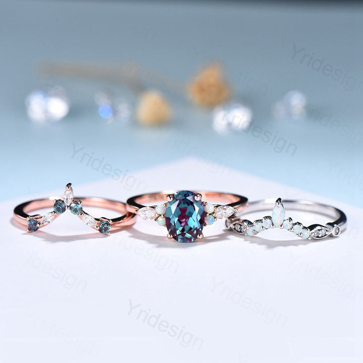 Vintage alexandrite engagement ring set | Unique rose gold wedding set | Art deco opal alexandrite stacking ring | bridal promise ring set - PENFINE