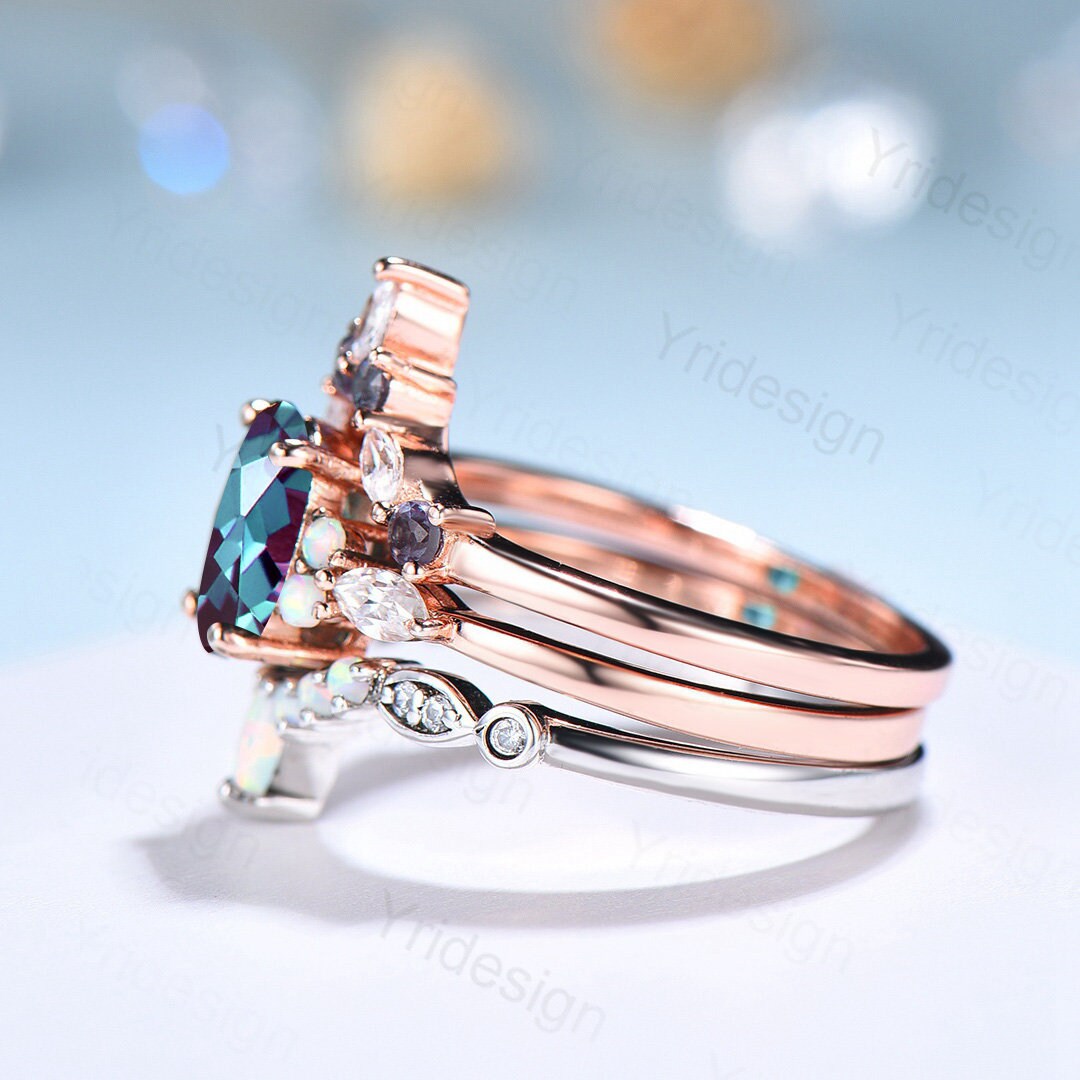 Vintage alexandrite engagement ring set | Unique rose gold wedding set | Art deco opal alexandrite stacking ring | bridal promise ring set - PENFINE