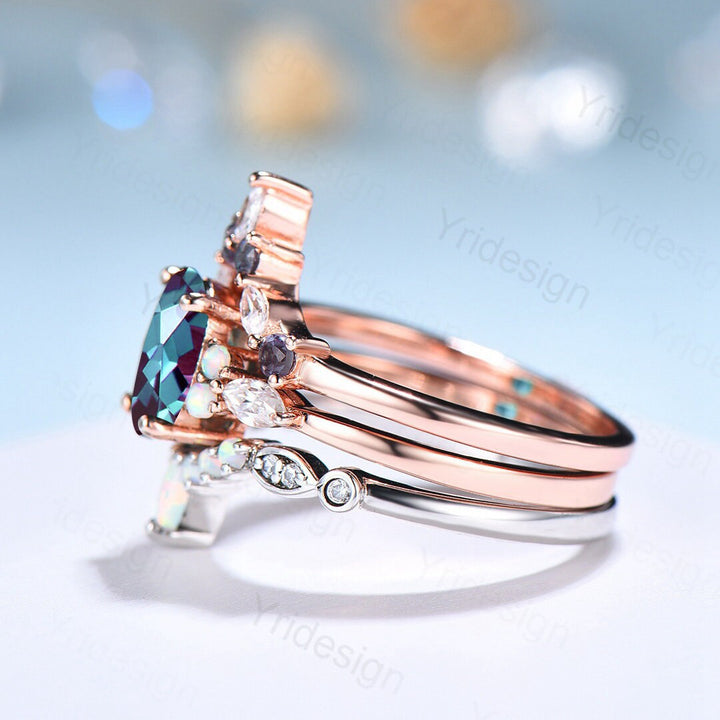Vintage alexandrite engagement ring set | Unique rose gold wedding set | Art deco opal alexandrite stacking ring | bridal promise ring set - PENFINE
