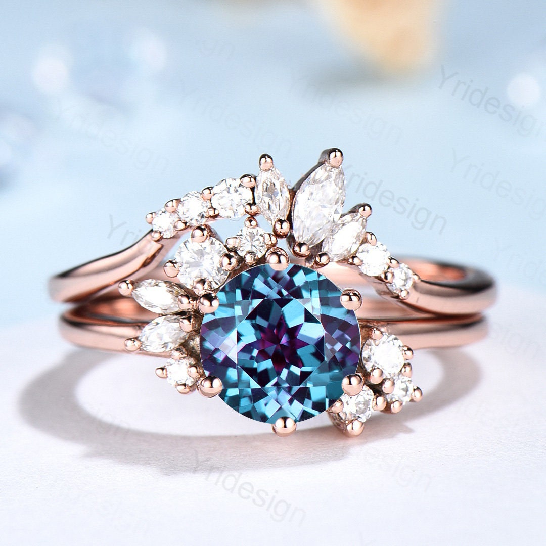 Vintage Alexandrite Engagement Ring Unique Cluster Moissanite Gold Art Deco Wedding Ring For Women Anniversary Ring  bridal ring set jewelry - PENFINE