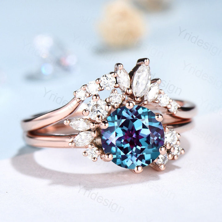 Vintage Alexandrite Engagement Ring Unique Cluster Moissanite Gold Art Deco Wedding Ring For Women Anniversary Ring  bridal ring set jewelry - PENFINE