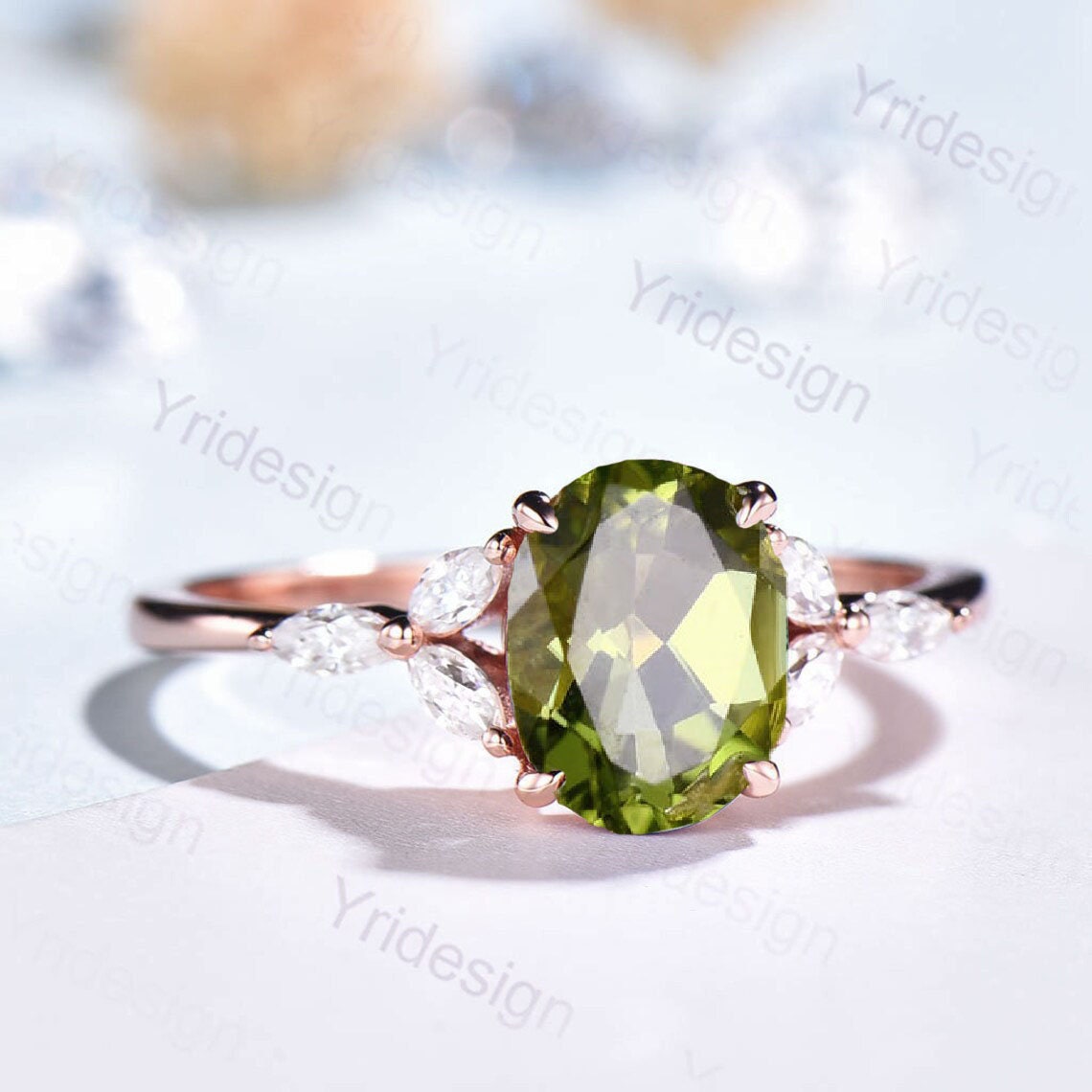 Natural Peridot Engagement Ring / Oval Green Peridot Ring For Women / Vintage Rose Gold Cluster Ring August Birthstone bridal promise ring - PENFINE