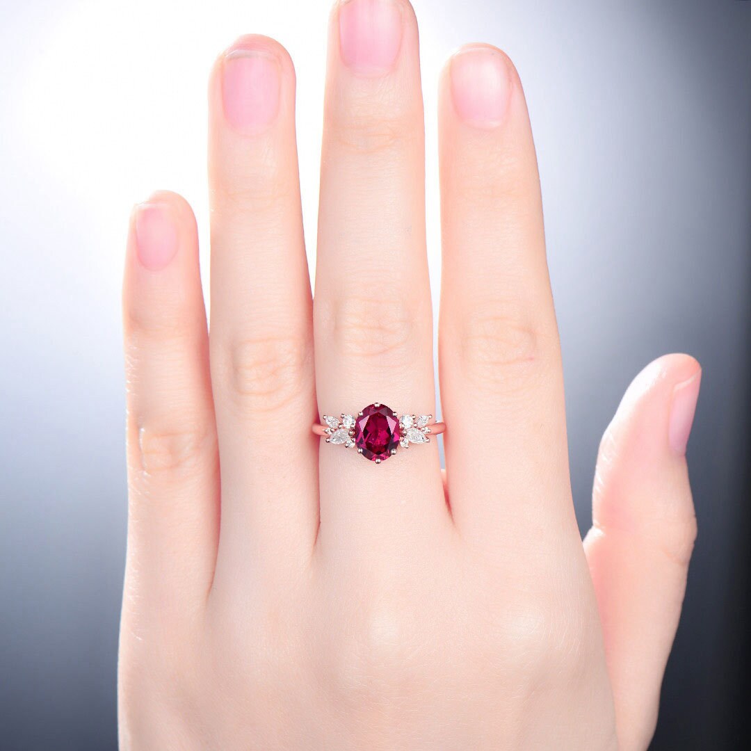 Vintage Oval Ruby Engagement Ring / Lab Red Ruby Wedding Ring For Women / Unique Cluster CZ Diamond Ring Bridal Promise Ring Gift for Her - PENFINE