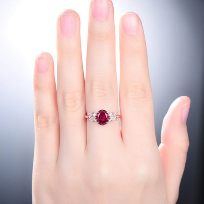 Vintage Oval Ruby Engagement Ring / Lab Red Ruby Wedding Ring For Women / Unique Cluster CZ Diamond Ring Bridal Promise Ring Gift for Her - PENFINE