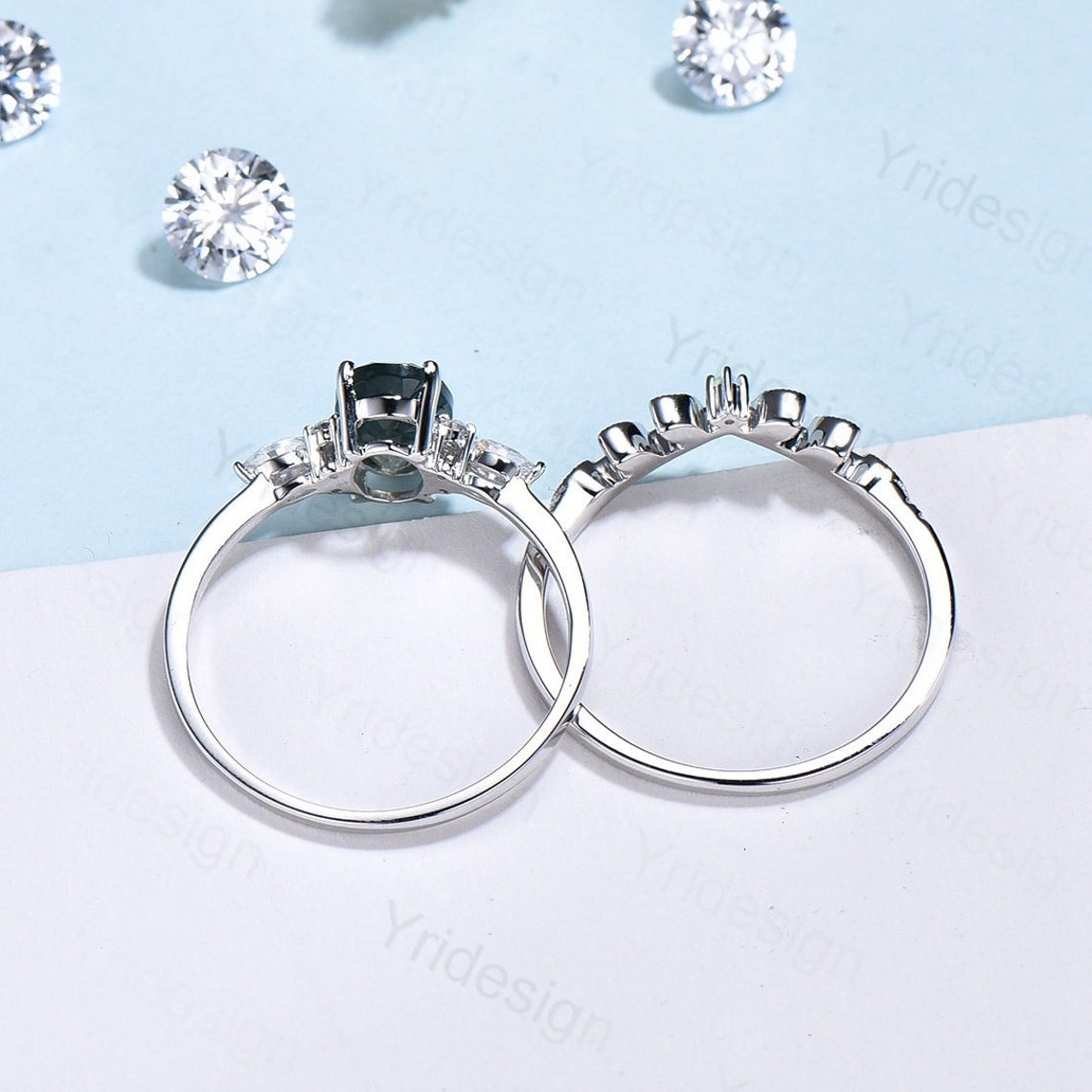 Vintage oval opal engagement ring set white gold art deco fire white opal ring marquise moissanite ring bridal wedding ring set for women - PENFINE