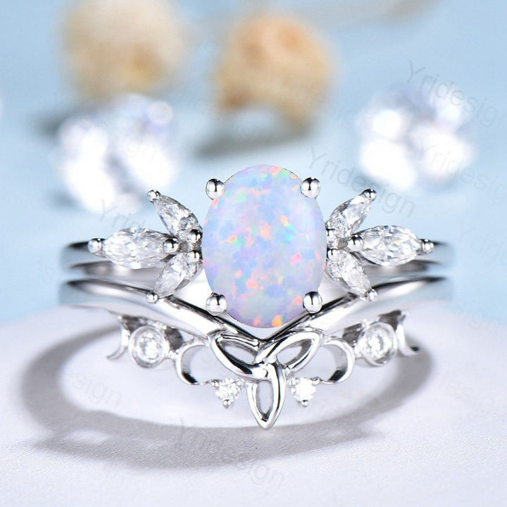 Vintage oval opal engagement ring set white gold art deco fire white opal ring marquise moissanite ring bridal wedding ring set for women - PENFINE