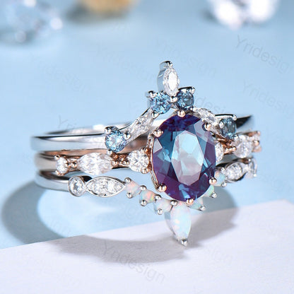 Unique alexandrite engagement ring set | Vintage rose gold wedding set | Art deco gold opal alexandrite stacking ring | 6 Prongs bridal set - PENFINE