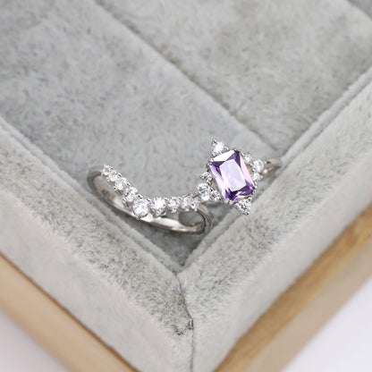 Vintage Emerald Cut Amethyst Engagement Ring Set / Purple Promise Ring Bridal Ring Set For Women / 2Pcs Gold February Birthstone Wedding Set - PENFINE