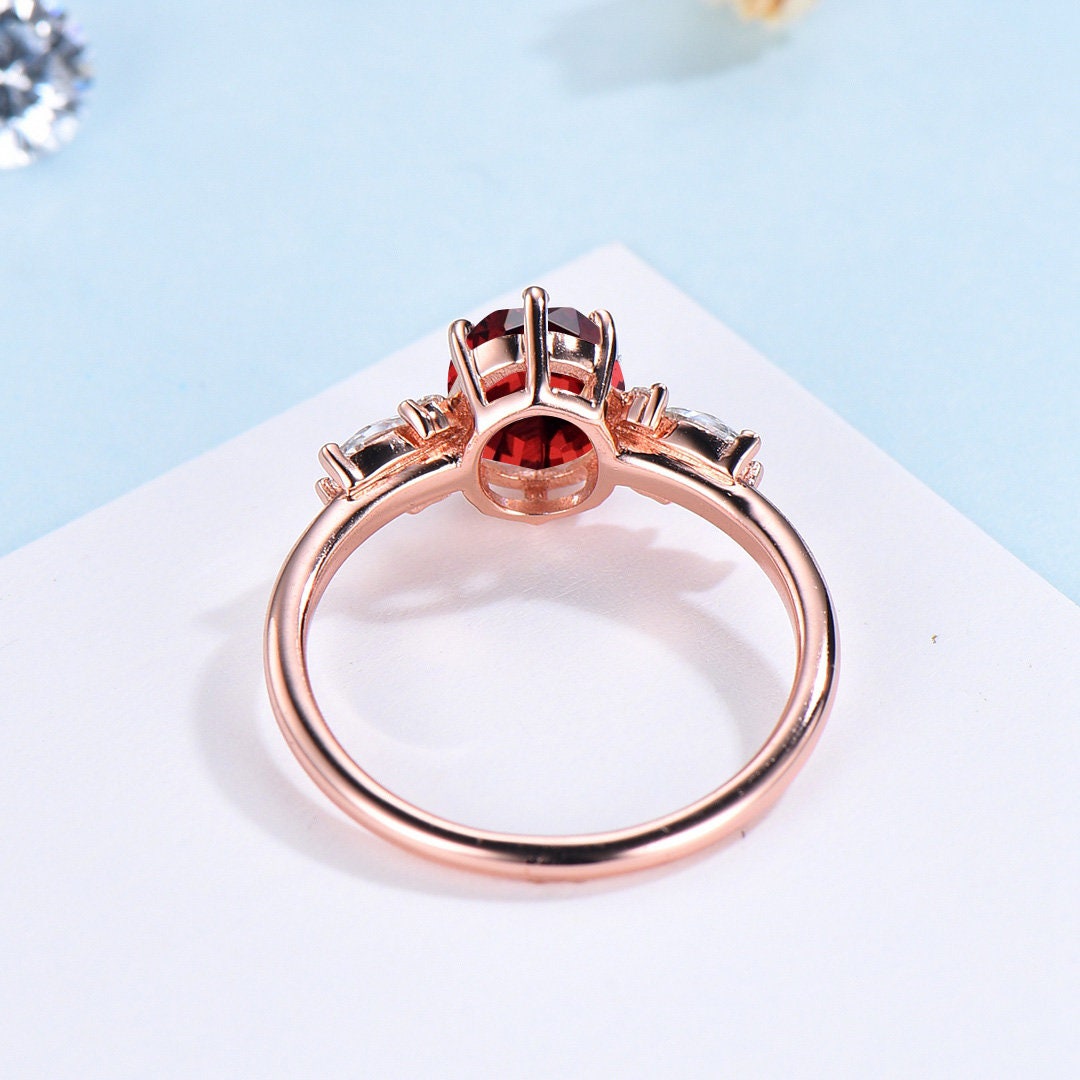 Vintage Style Garnet Ring, Oval Cut Garnet Engagement Ring, Rose Gold Antique Wedding Women's Ring, Art Deco January Birthstone Promise Ring - PENFINE
