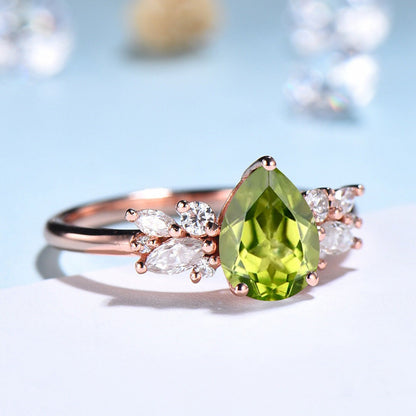 Vintage Style Peridot Ring /  Natural Teardrop Peridot Engagement Ring For Women / Rose Gold August Birthstone Cluster CZ bridal ring gift - PENFINE