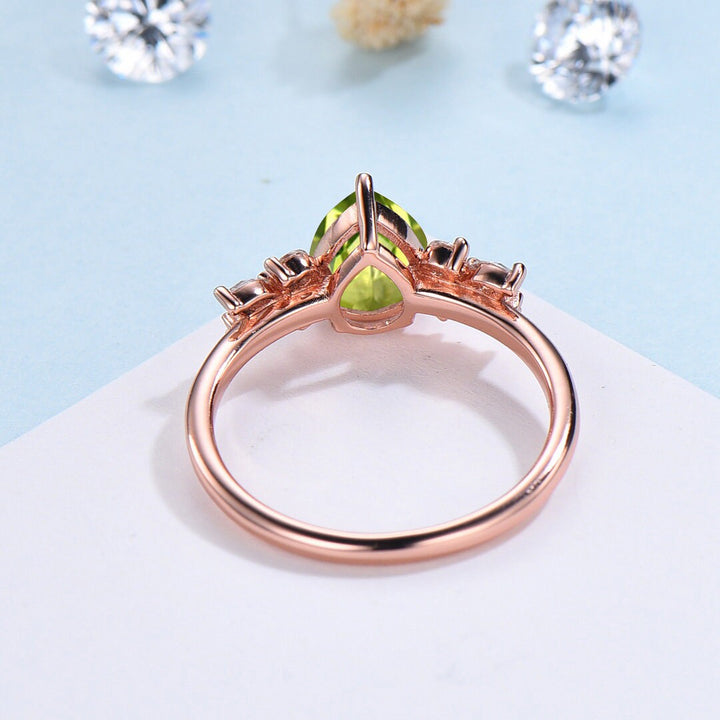 Vintage Style Peridot Ring /  Natural Teardrop Peridot Engagement Ring For Women / Rose Gold August Birthstone Cluster CZ bridal ring gift - PENFINE