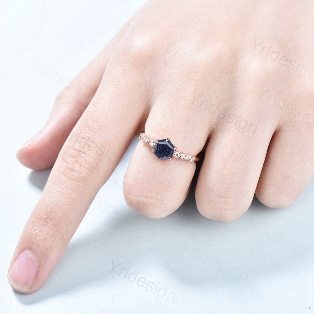 Unique 6 Claw Prongs Blue Sandstone Engagement Ring,Star Blue Hexagon Mystic Stone Bride Ring Women Rose Gold Galaxy Star Blue Promise Ring - PENFINE