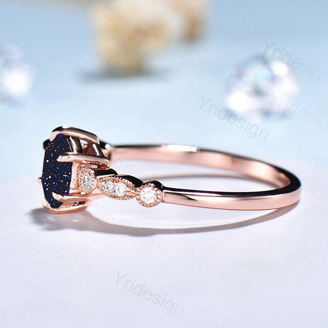 Unique 6 Claw Prongs Blue Sandstone Engagement Ring,Star Blue Hexagon Mystic Stone Bride Ring Women Rose Gold Galaxy Star Blue Promise Ring - PENFINE