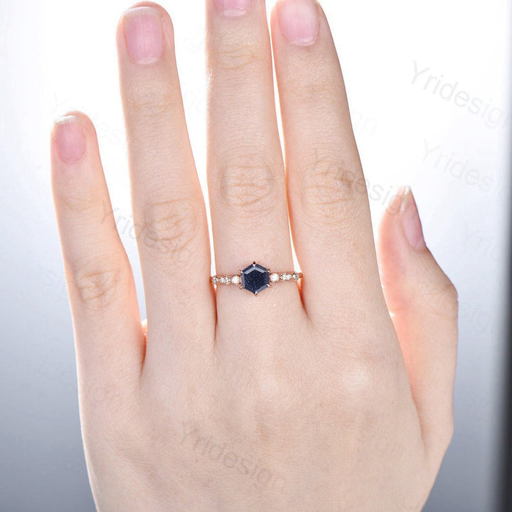 Unique 6 Claw Prongs Blue Sandstone Engagement Ring,Star Blue Hexagon Mystic Stone Bride Ring Women Rose Gold Galaxy Star Blue Promise Ring - PENFINE