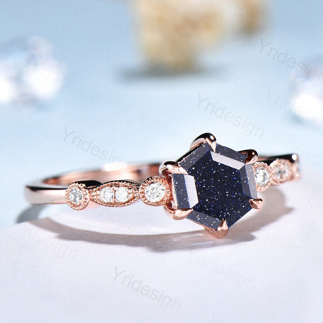 Unique 6 Claw Prongs Blue Sandstone Engagement Ring,Star Blue Hexagon Mystic Stone Bride Ring Women Rose Gold Galaxy Star Blue Promise Ring - PENFINE