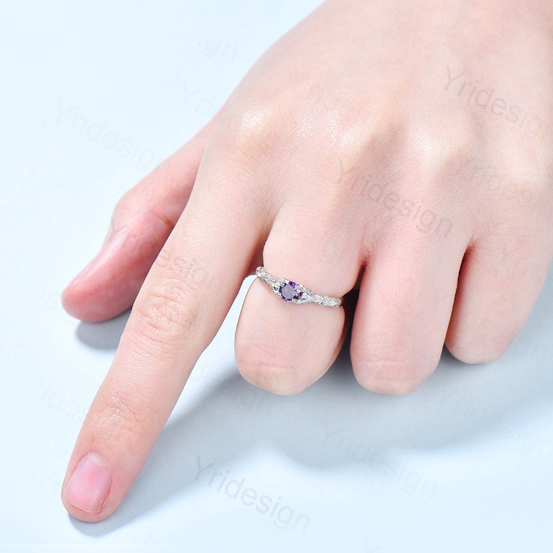 Dainty Amethyst Engagement Ring / Purple Amethyst Promise Ring For Women / Vintage 14k white gold bridal ring February Birthstone bride ring - PENFINE