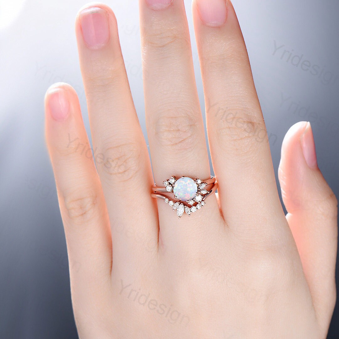 Vintage White Opal Engagement Ring Set Unique Cluster Moissanite Gold Wedding Ring For Women Anniversary Ring  bridal ring set jewelry - PENFINE
