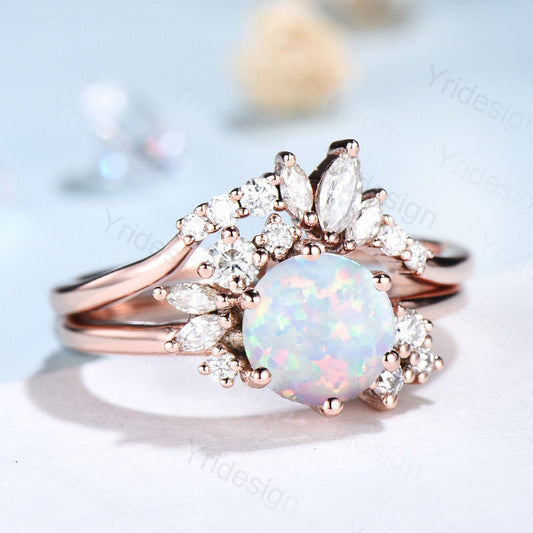 Vintage White Opal Engagement Ring Set Unique Cluster Moissanite Gold Wedding Ring For Women Anniversary Ring bridal ring set jewelry - PENFINE