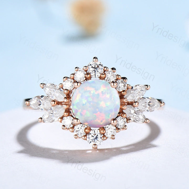 Vintage Fire White Opal Engagement Ring,Unique Fancy Flower Halo October Birthstone Promise Ring Women,14K Rose Gold Cluster Opal Ring - PENFINE