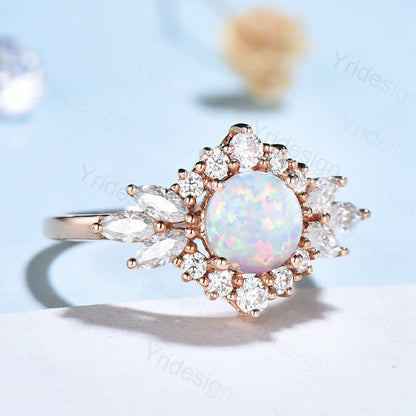 Vintage Fire White Opal Engagement Ring,Unique Fancy Flower Halo October Birthstone Promise Ring Women,14K Rose Gold Cluster Opal Ring - PENFINE
