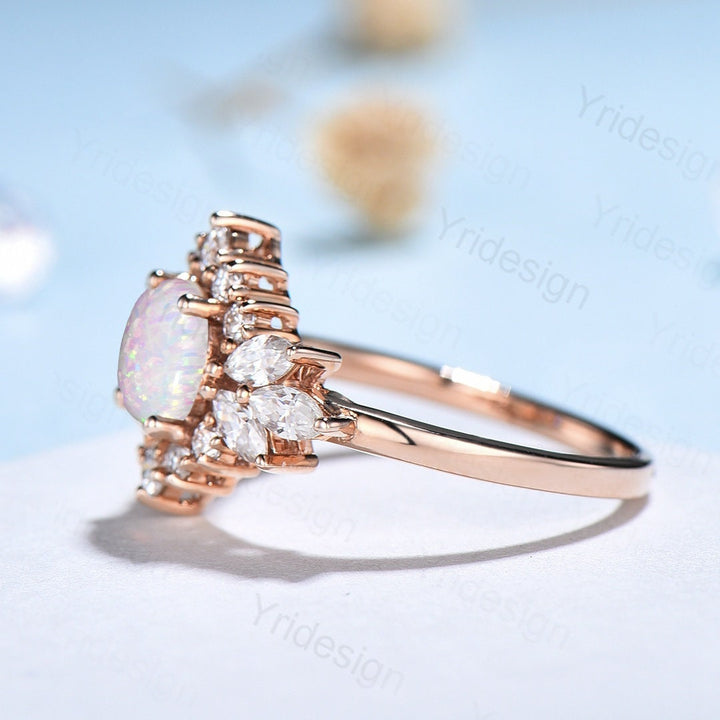 Vintage Fire White Opal Engagement Ring,Unique Fancy Flower Halo October Birthstone Promise Ring Women,14K Rose Gold Cluster Opal Ring - PENFINE