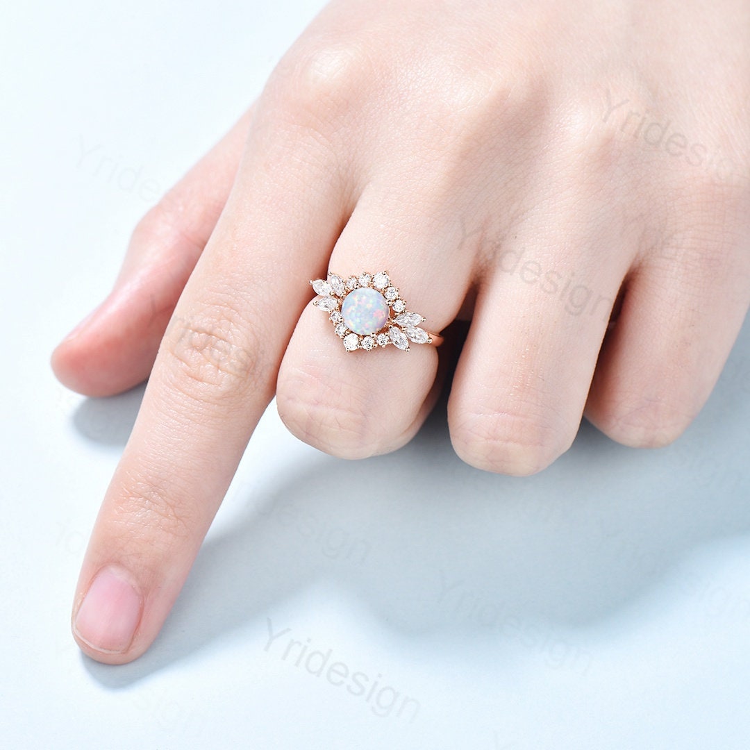Vintage Fire White Opal Engagement Ring,Unique Fancy Flower Halo October Birthstone Promise Ring Women,14K Rose Gold Cluster Opal Ring - PENFINE