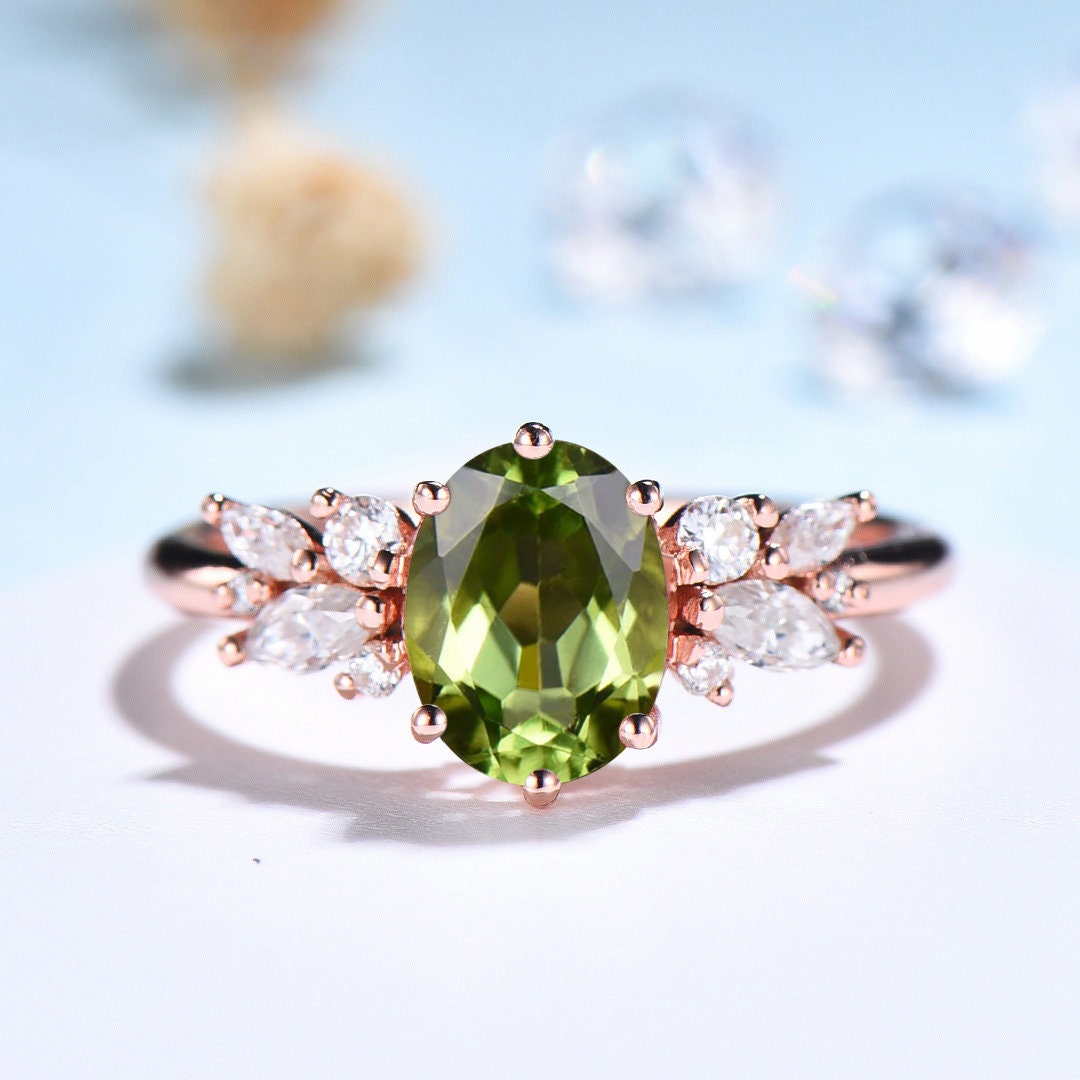 Vintage Peridot Ring, Unique 6x8mm Oval Cut Engagement Ring, Rose Gold Antique Wedding Women's Ring, Art Deco Cluster CZ Promise Bride Ring - PENFINE