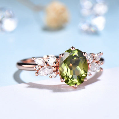 Vintage Peridot Ring, Unique 6x8mm Oval Cut Engagement Ring, Rose Gold Antique Wedding Women's Ring, Art Deco Cluster CZ Promise Bride Ring - PENFINE