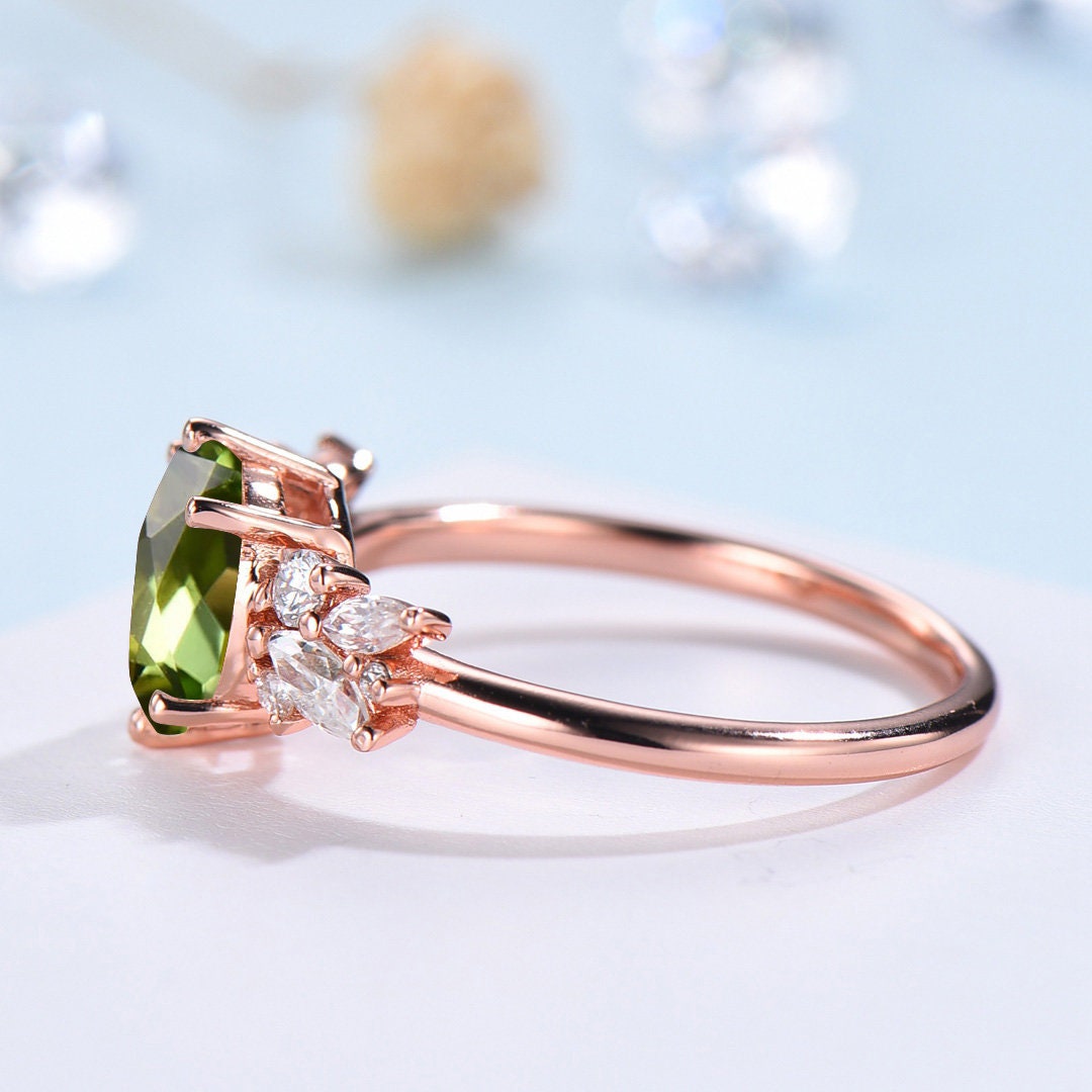 Vintage Peridot Ring, Unique 6x8mm Oval Cut Engagement Ring, Rose Gold Antique Wedding Women's Ring, Art Deco Cluster CZ Promise Bride Ring - PENFINE