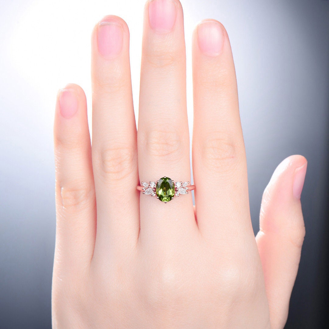 Vintage Peridot Ring, Unique 6x8mm Oval Cut Engagement Ring, Rose Gold Antique Wedding Women's Ring, Art Deco Cluster CZ Promise Bride Ring - PENFINE