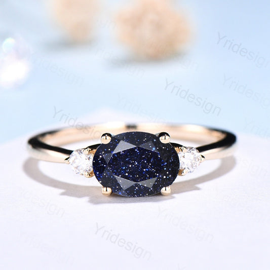 East To West Blue Sandstone Ring Cute Oval Galaxy Engagement Ring Three Stone Galaxy Star Blue Ring Rose Gold For Women Bridal Promise Ring - PENFINE