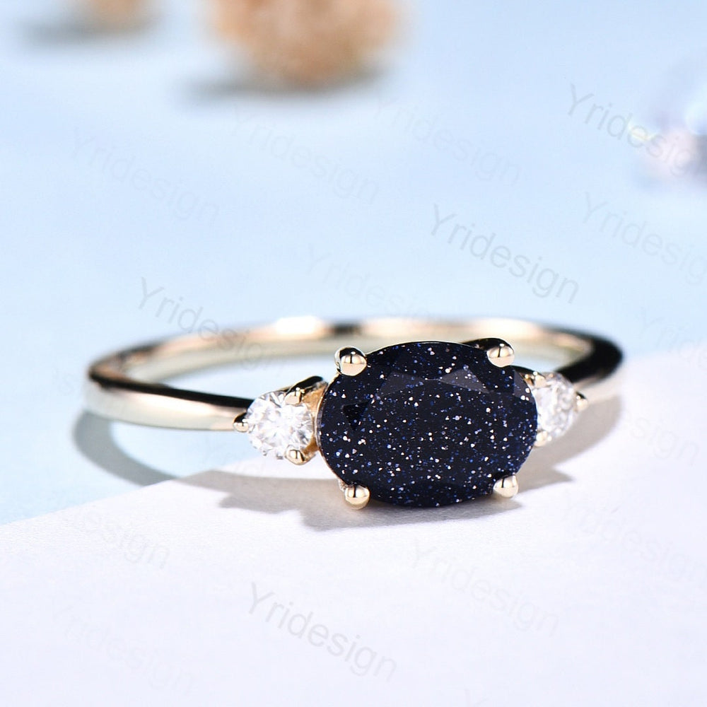 East To West Blue Sandstone Ring Cute Oval Galaxy Engagement Ring Three Stone Galaxy Star Blue Ring Rose Gold For Women Bridal Promise Ring - PENFINE