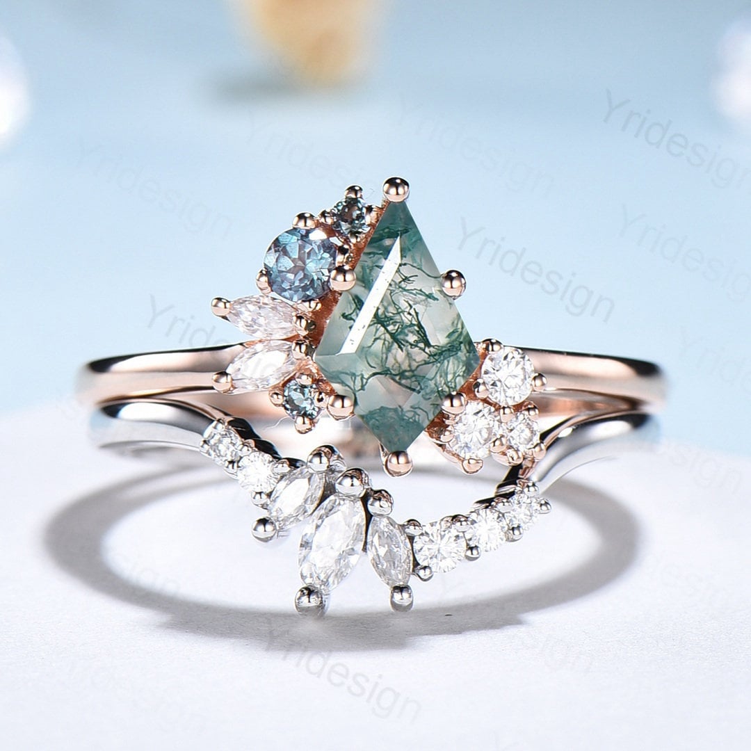 Vintage Kite cut moss agate ring rose gold silver unique moss agate engagement ring cluster alexandrite bridal wedding ring set women gift - PENFINE