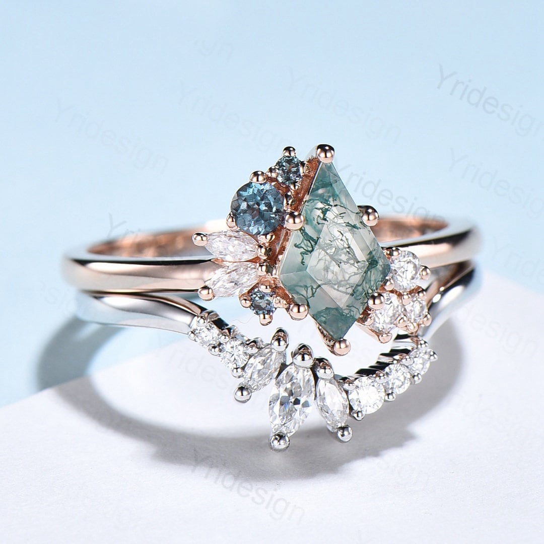 Vintage Kite cut moss agate ring rose gold silver unique moss agate engagement ring cluster alexandrite bridal wedding ring set women gift - PENFINE