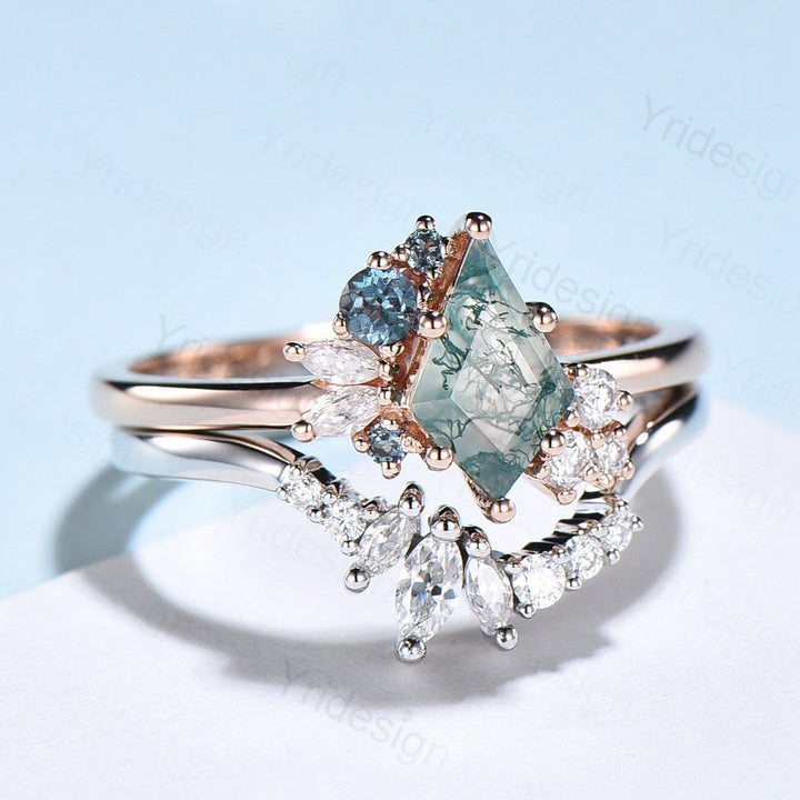 Vintage Kite cut moss agate ring rose gold silver unique moss agate engagement ring cluster alexandrite bridal wedding ring set women gift - PENFINE