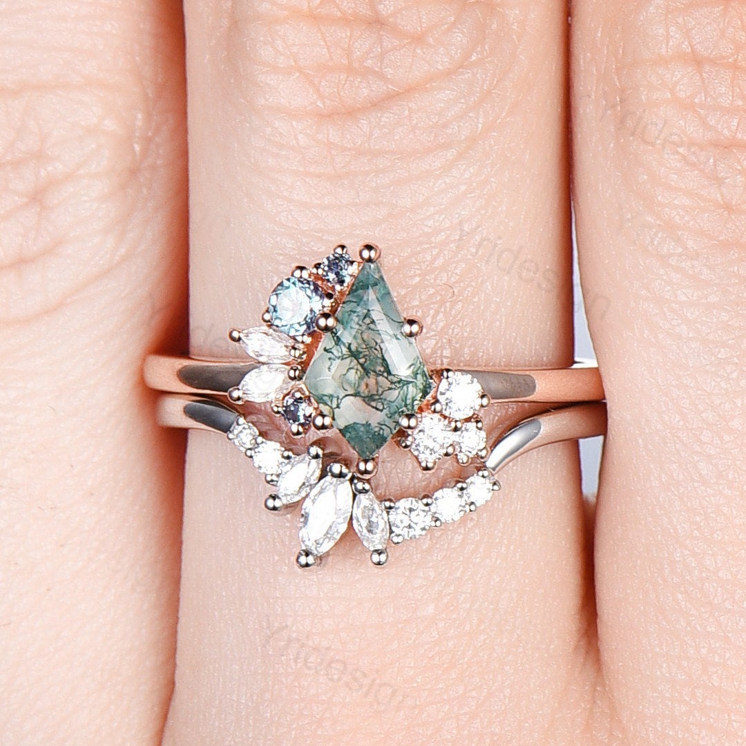 Vintage Kite cut moss agate ring rose gold silver unique moss agate engagement ring cluster alexandrite bridal wedding ring set women gift - PENFINE