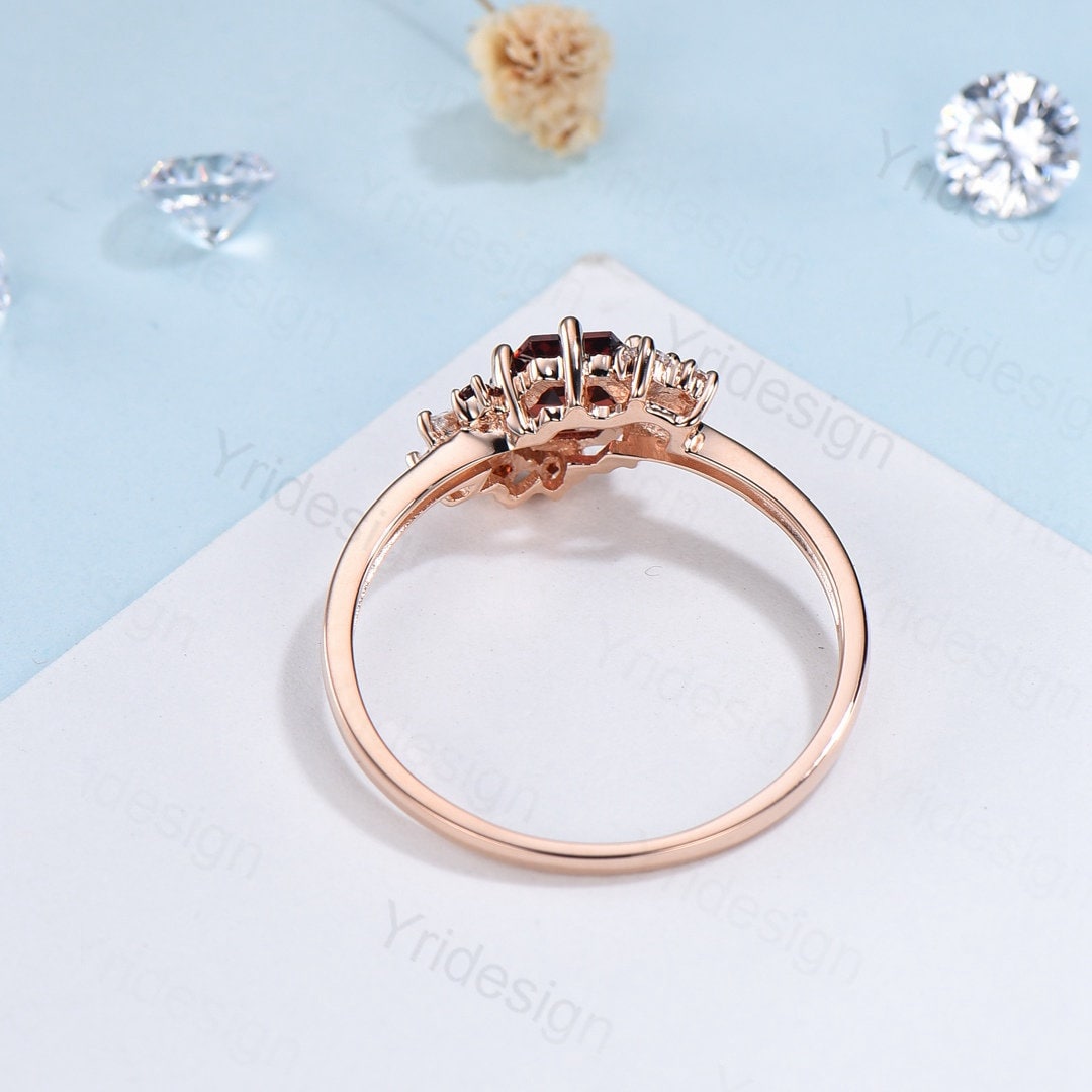 Hexagon cut garnet ring gold silver vintage unique engagement ring culster garnet wedding ring art deco moissanite promise ring for women - PENFINE